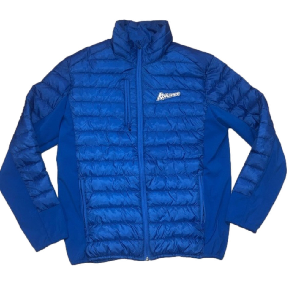 KOKANEE Beer Dark Blue Thin Puffer Coat Zip Up Stretchy Sides Size Large